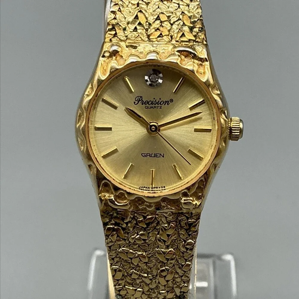 Vtg Gruen Precision Womens Watch 23mm Gold Tone Textured Bracelet New Battery